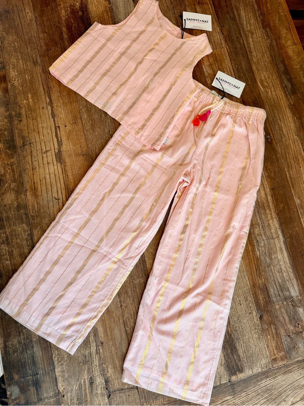 Sammy + Nat Pink & Gold Two-Piece Striped Pant Set 8y